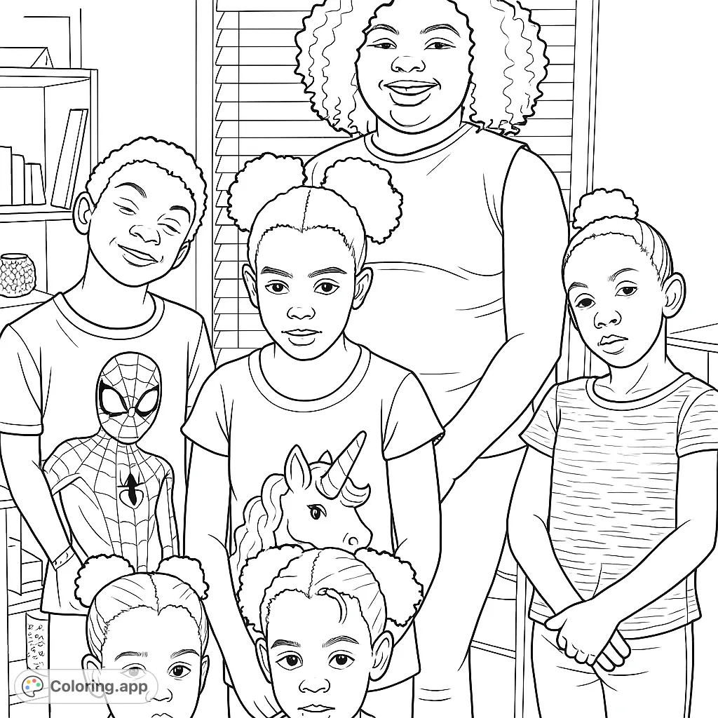 A heartwarming coloring page featuring five children in a group portrait, perfect for family fun and creative expression.