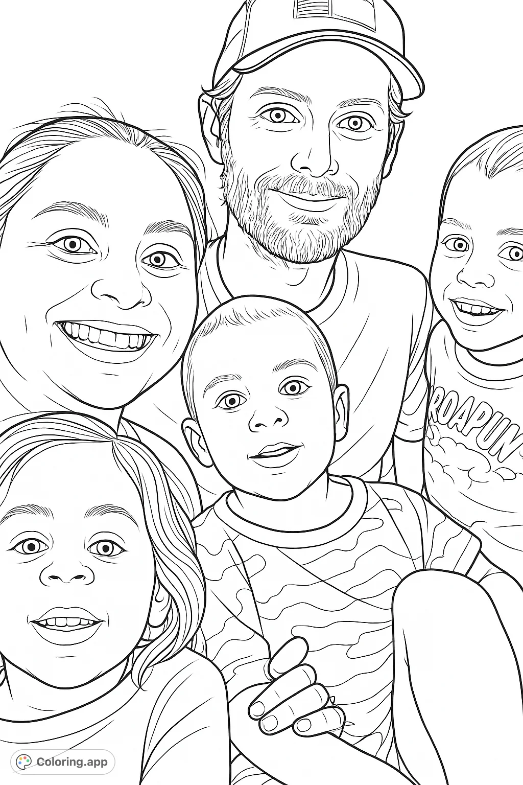 A heartwarming family portrait featuring two adults and three smiling children, perfect for a joyful coloring experience. Celebrate family bonds!