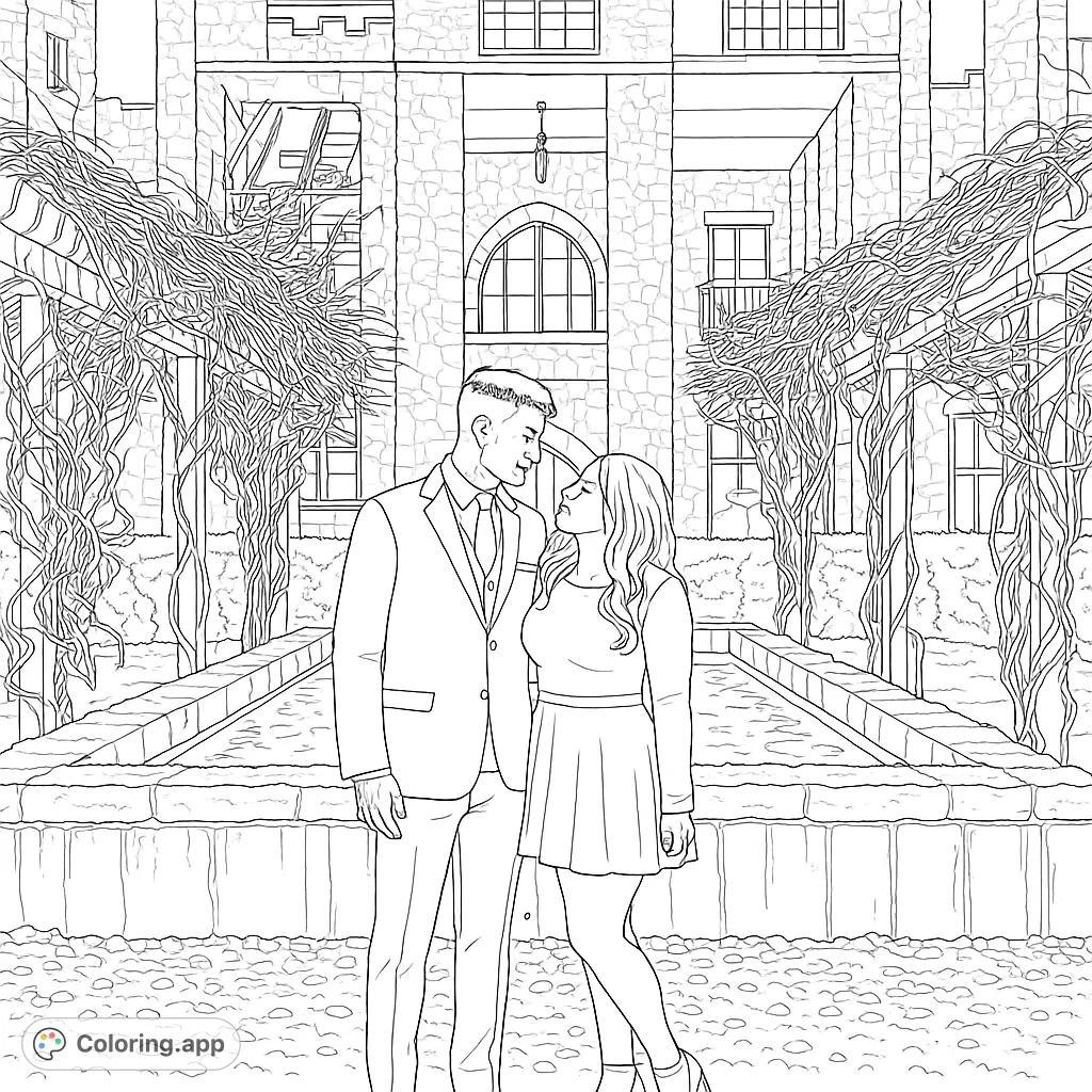 Capture a romantic moment with this couple at a grand castle. Intricate details of the historic architecture and winding vines await your creative touch.
