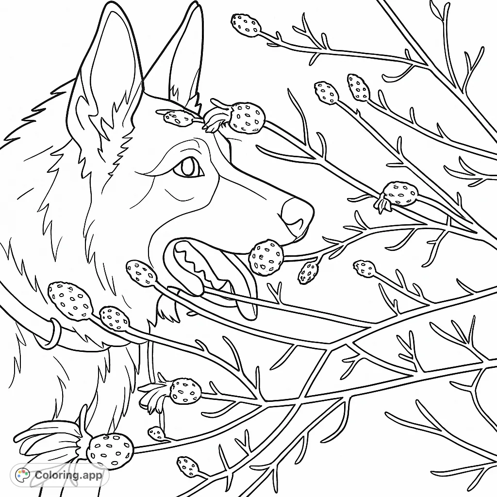 Discover a loyal canine companion peeking through a field of delicate wildflower buds and blossoms. A charming nature scene perfect for a relaxing coloring experience.