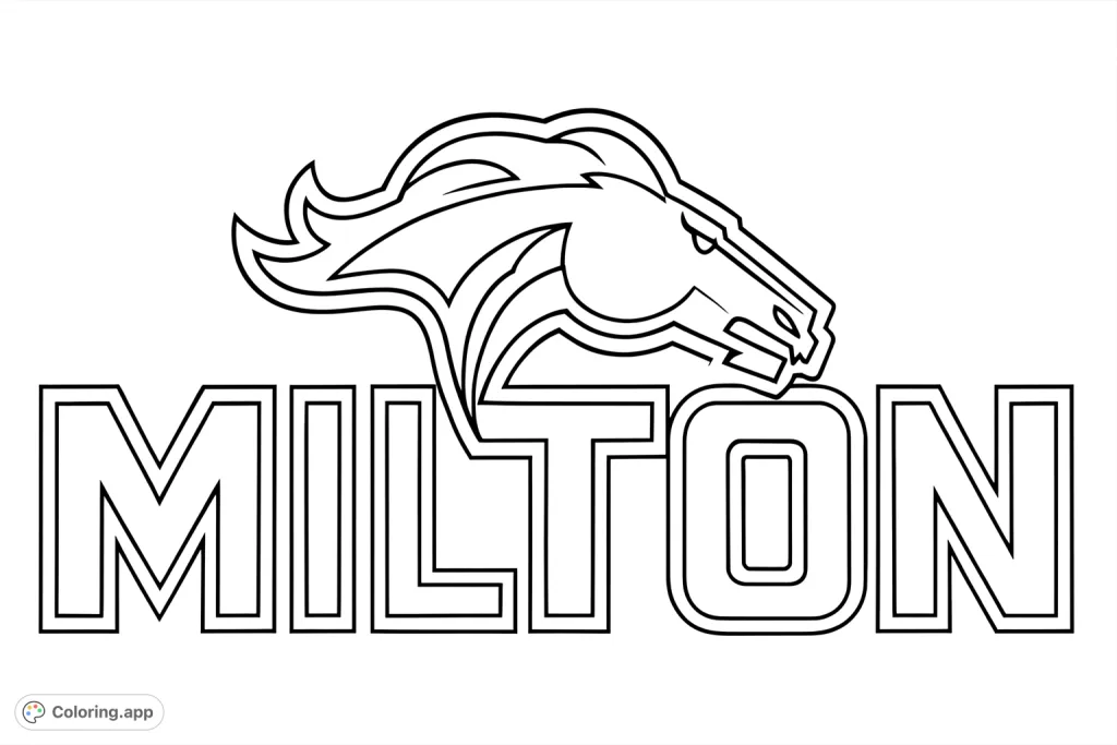 A bold Milton Mustang coloring page featuring a stylized horse head emblem above the word MILTON. Perfect for school spirit, sports fans, or animal lovers.