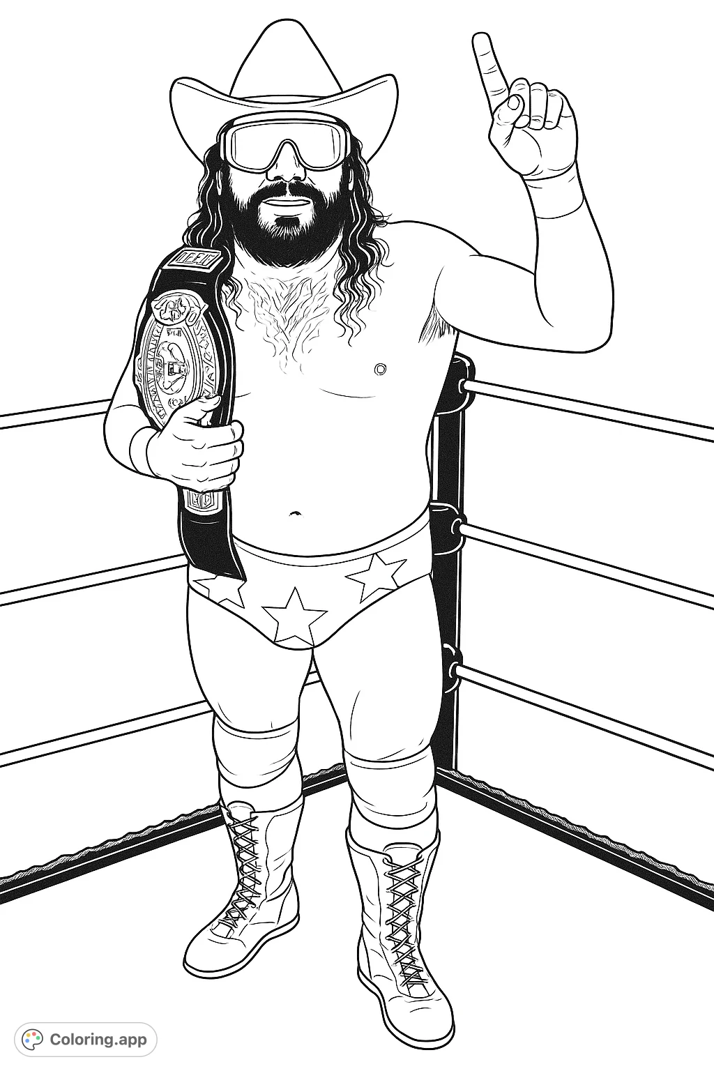 Step into the ring with this dynamic wrestling champion, complete with a cowboy hat, sunglasses, and a championship belt. A powerful pose for an epic coloring adventure!