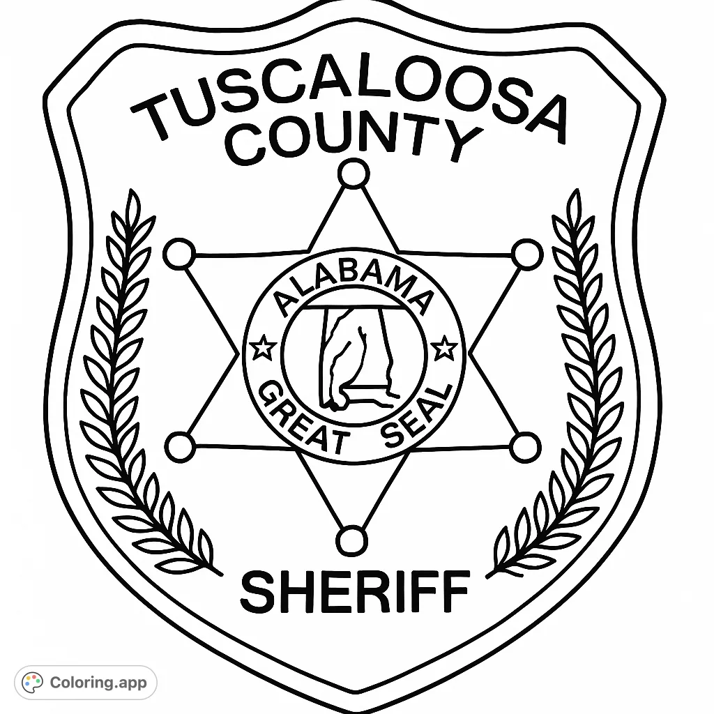 Color a detailed Tuscaloosa County Sheriff's patch, featuring a six-pointed star, Alabama Great Seal, and intricate text. Perfect for civic enthusiasts!