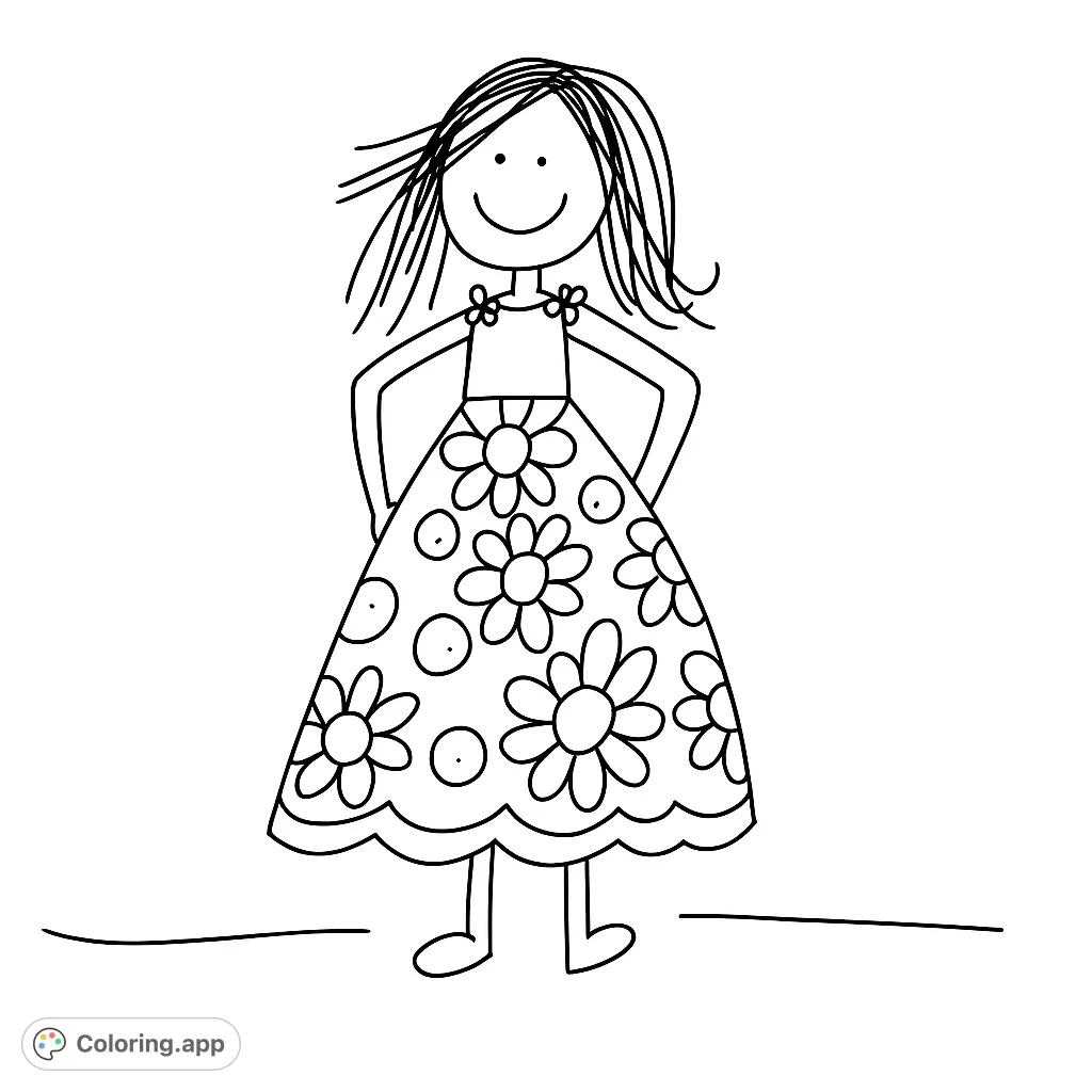 A charming, simple drawing of a happy figure in a floral dress, perfect for creative expression. Enjoy coloring the playful patterns and cheerful character.