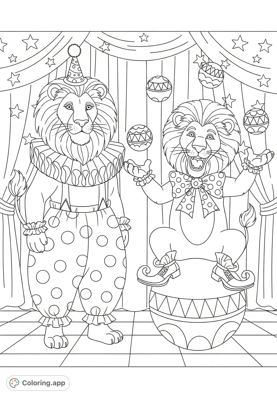 Step right up to a delightful clown lions coloring page! Two majestic lions in full clown attire, juggling and posing on a circus stage.