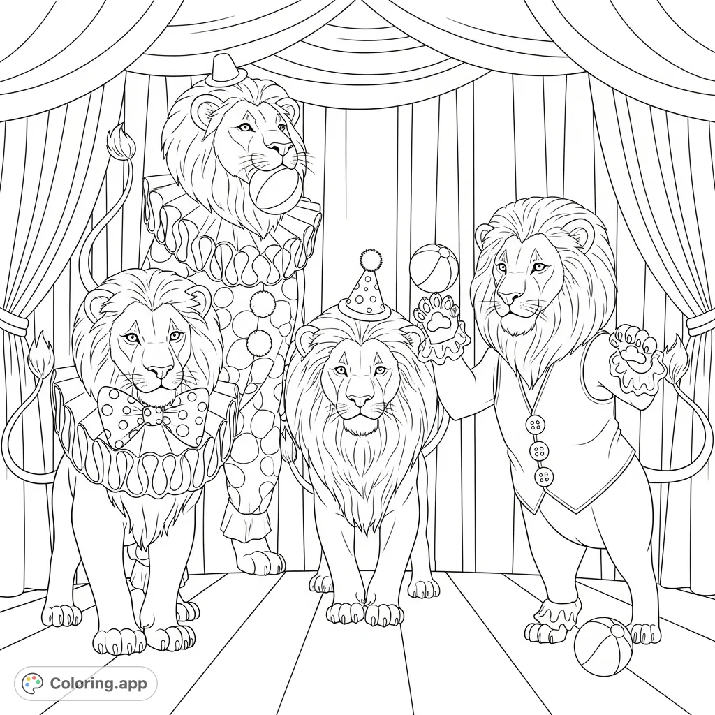 A delightful clown lions coloring page featuring majestic lions in playful clown attire on a circus stage. Perfect for a fun and imaginative coloring experience.