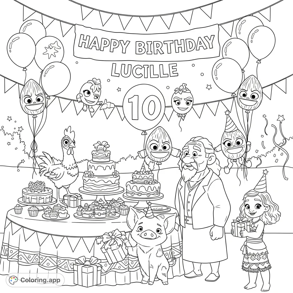Celebrate with Moana 2 characters! This free printable coloring page features Heihei, Pua, and friends at a festive birthday party for Lucille.