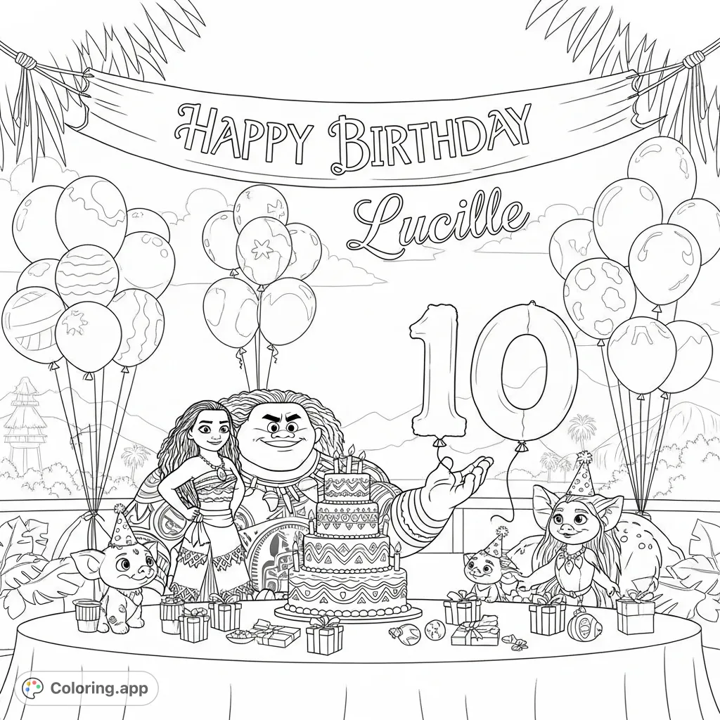 Join Moana 2 characters at a festive birthday party for Lucille, featuring a '10' balloon, a grand cake, and a 'Happy Birthday Lucille' banner. A joyful scene for coloring!
