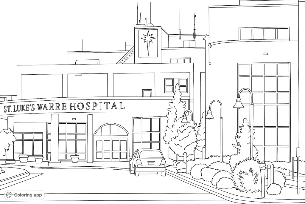 Color a detailed hospital entrance with a large portico, columns, windows, and surrounding landscaping. Perfect for aspiring medical professionals or architecture enthusiasts.