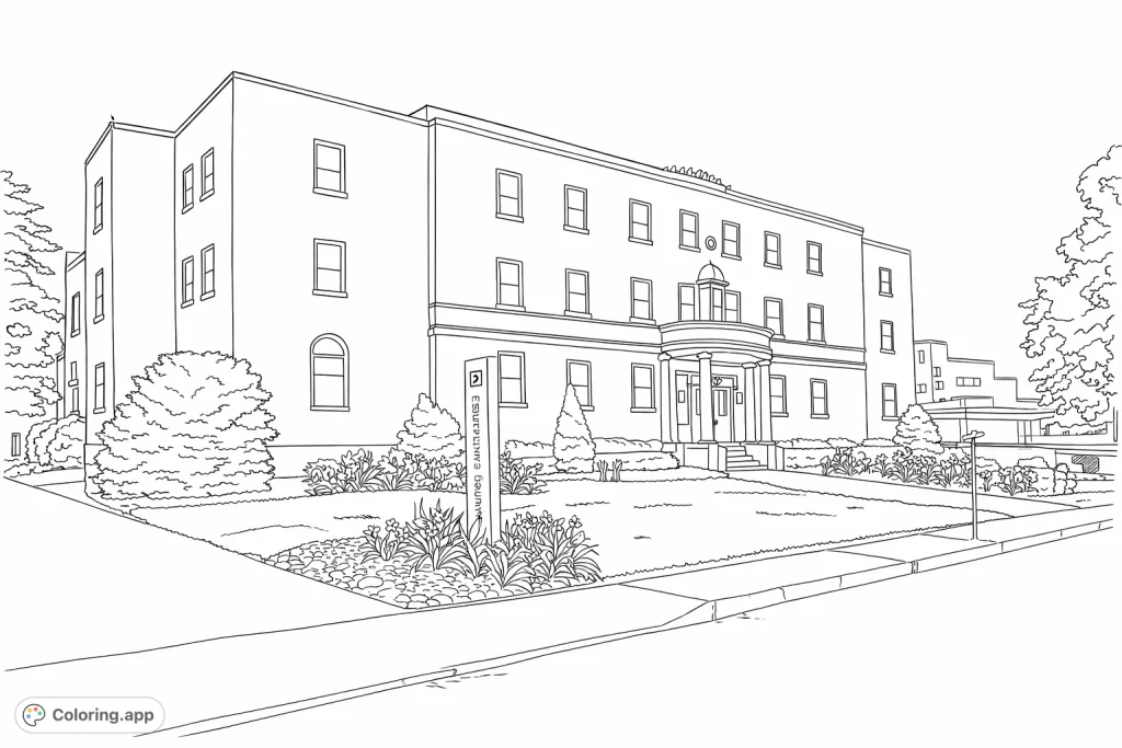 A detailed coloring page of a stately brick building with a grand, columned entrance, surrounded by lawns and gardens, offering a rich architectural scene.
