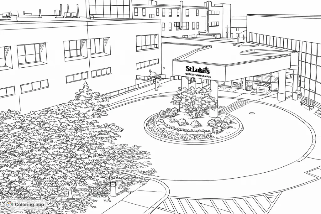 Color a detailed hospital campus entrance with a grand covered walkway, circular driveway, and lush landscaping. Explore architectural lines and foliage.