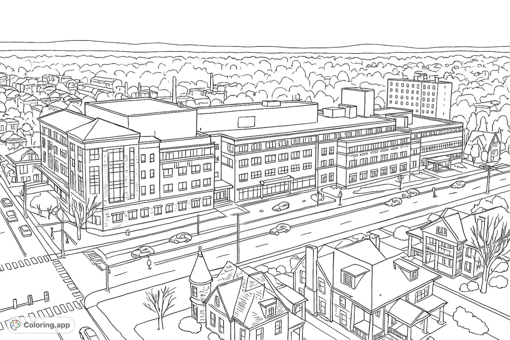 Detailed urban landscape featuring a prominent institutional building, busy street, and surrounding residential structures, perfect for architectural enthusiasts.