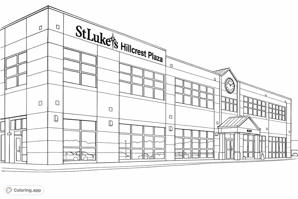 Color a detailed modern commercial building featuring large windows, architectural panels, and a prominent clock. Perfect for architecture enthusiasts.