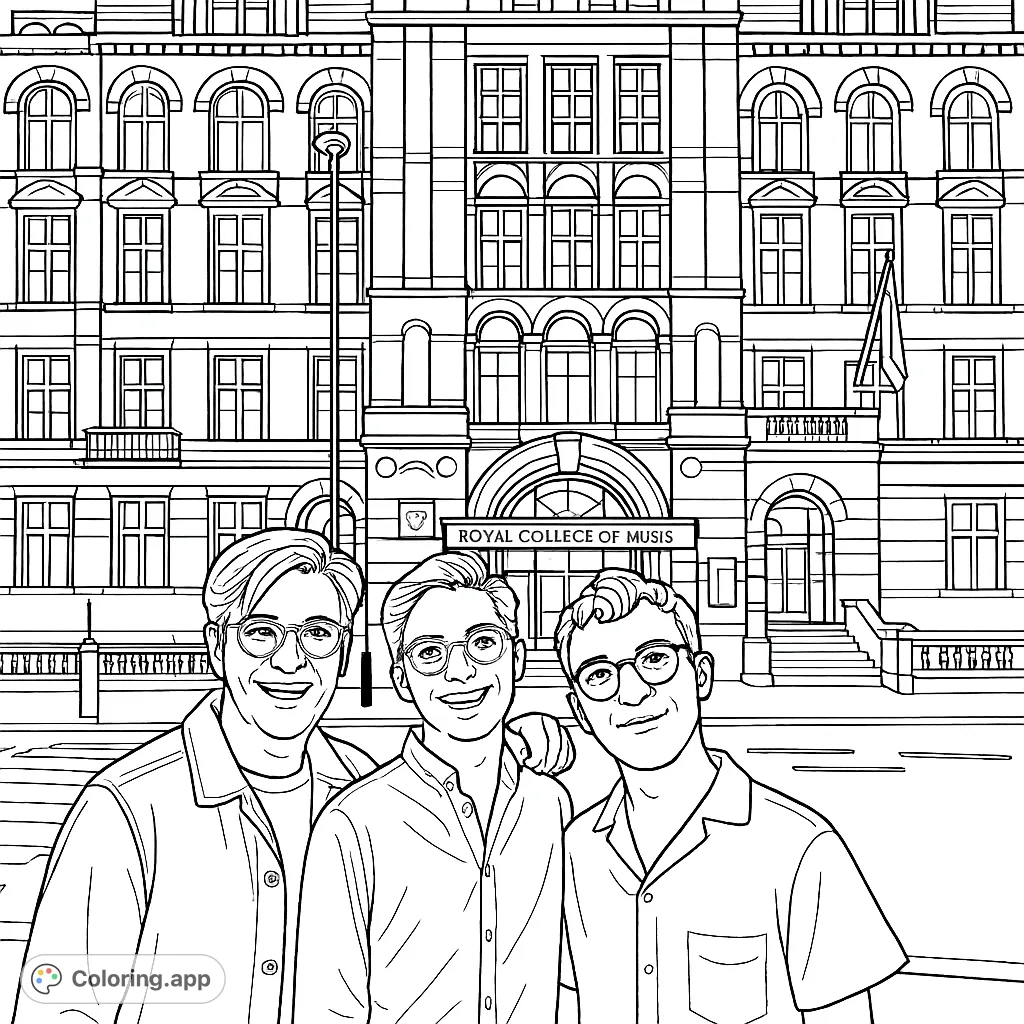 A detailed coloring page featuring three smiling individuals in front of the grand Royal College of Music, with intricate architectural details and a street scene.