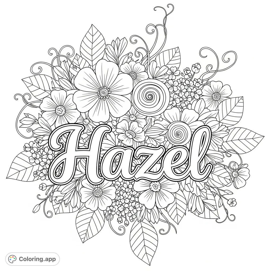 A beautiful "Hazel" name coloring page featuring the name in elegant script, surrounded by a rich tapestry of diverse flowers and delicate foliage.