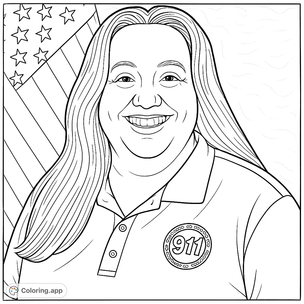 A friendly portrait of a public safety dispatcher, featuring an American flag and a 911 emblem. Perfect for honoring essential workers and community heroes.