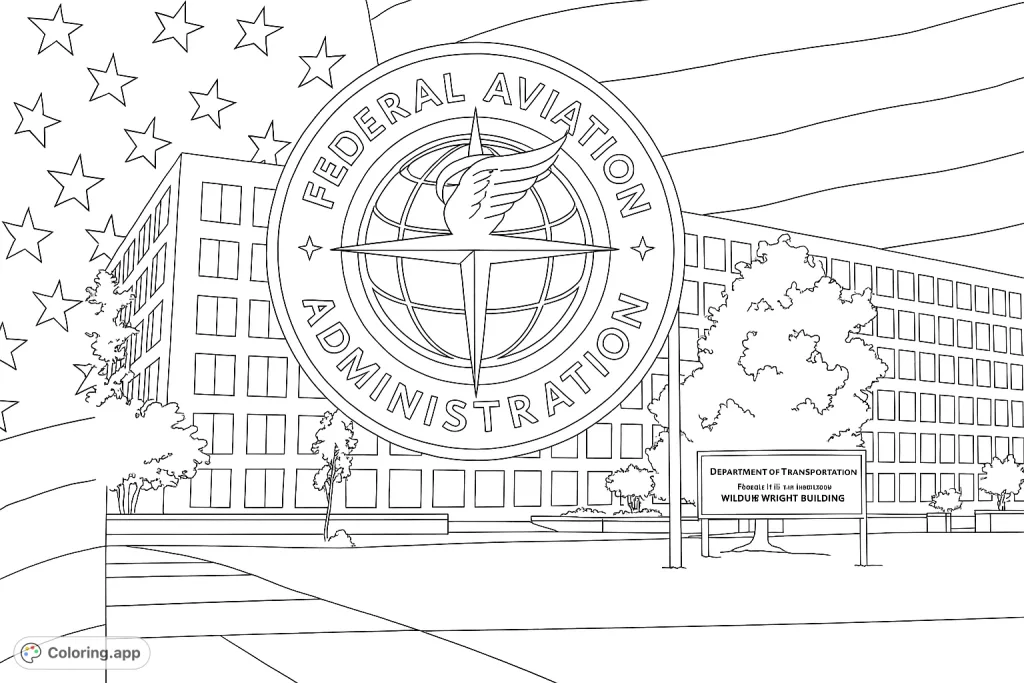 A detailed FAA emblem, American flag, and government building. Perfect for patriotic and educational coloring.