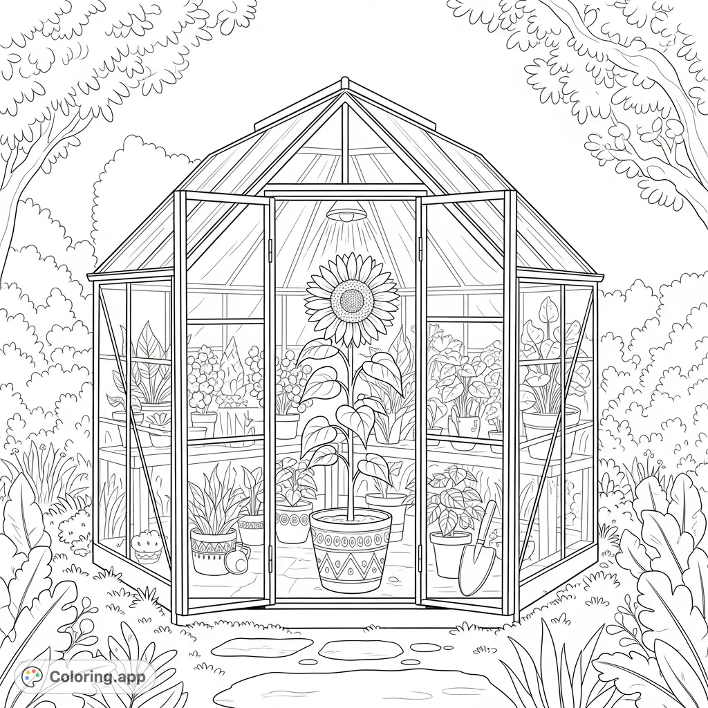 A charming greenhouse scene featuring a tall sunflower in a pot, surrounded by lush garden elements. Perfect for nature lovers and aspiring gardeners.