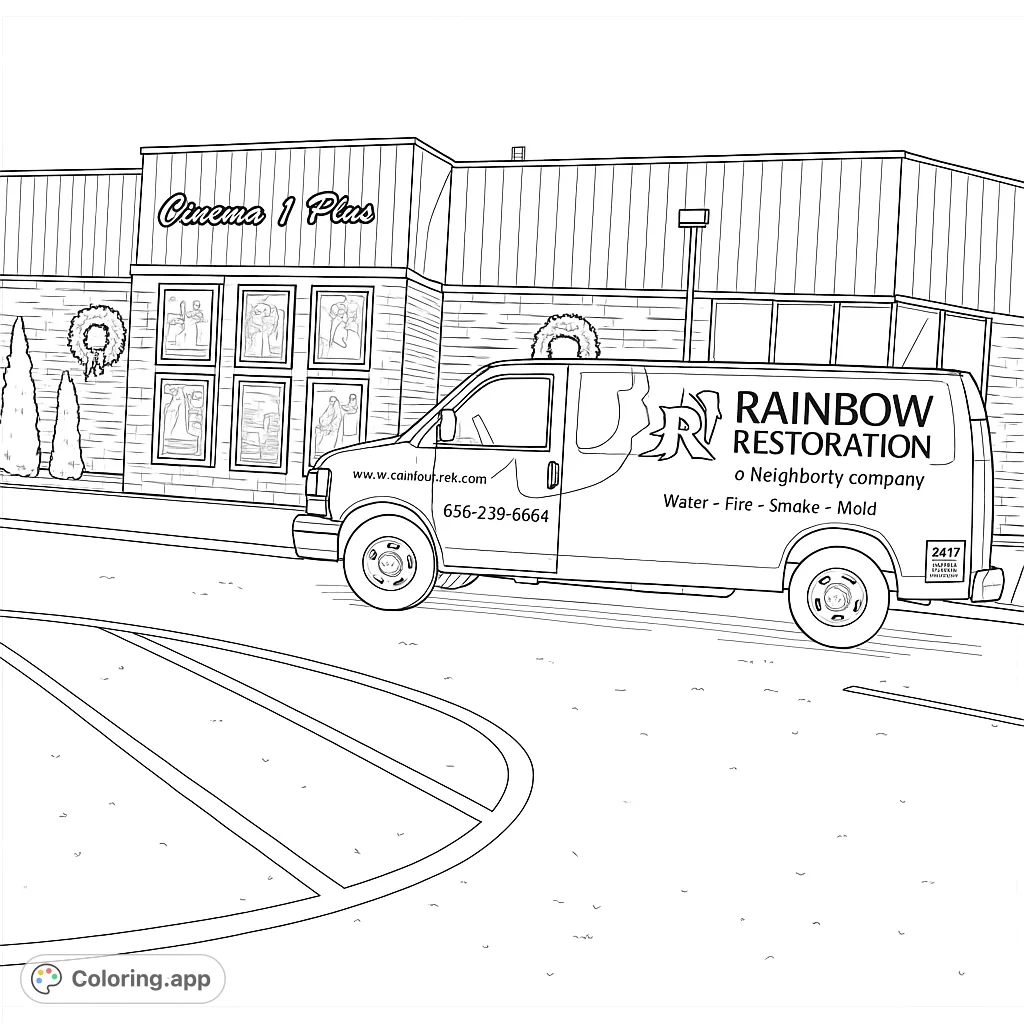 A detailed coloring page featuring a commercial van parked outside a movie theater with "Cinema 1 Plus" signage, movie posters, and festive wreaths.