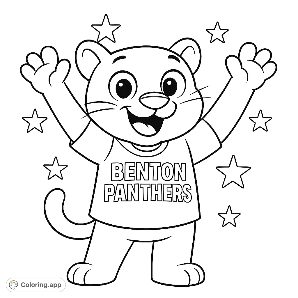 A cheerful cartoon panther mascot wearing a "BENTON PANTHERS" t-shirt, surrounded by stars. Perfect for school spirit and fun coloring!