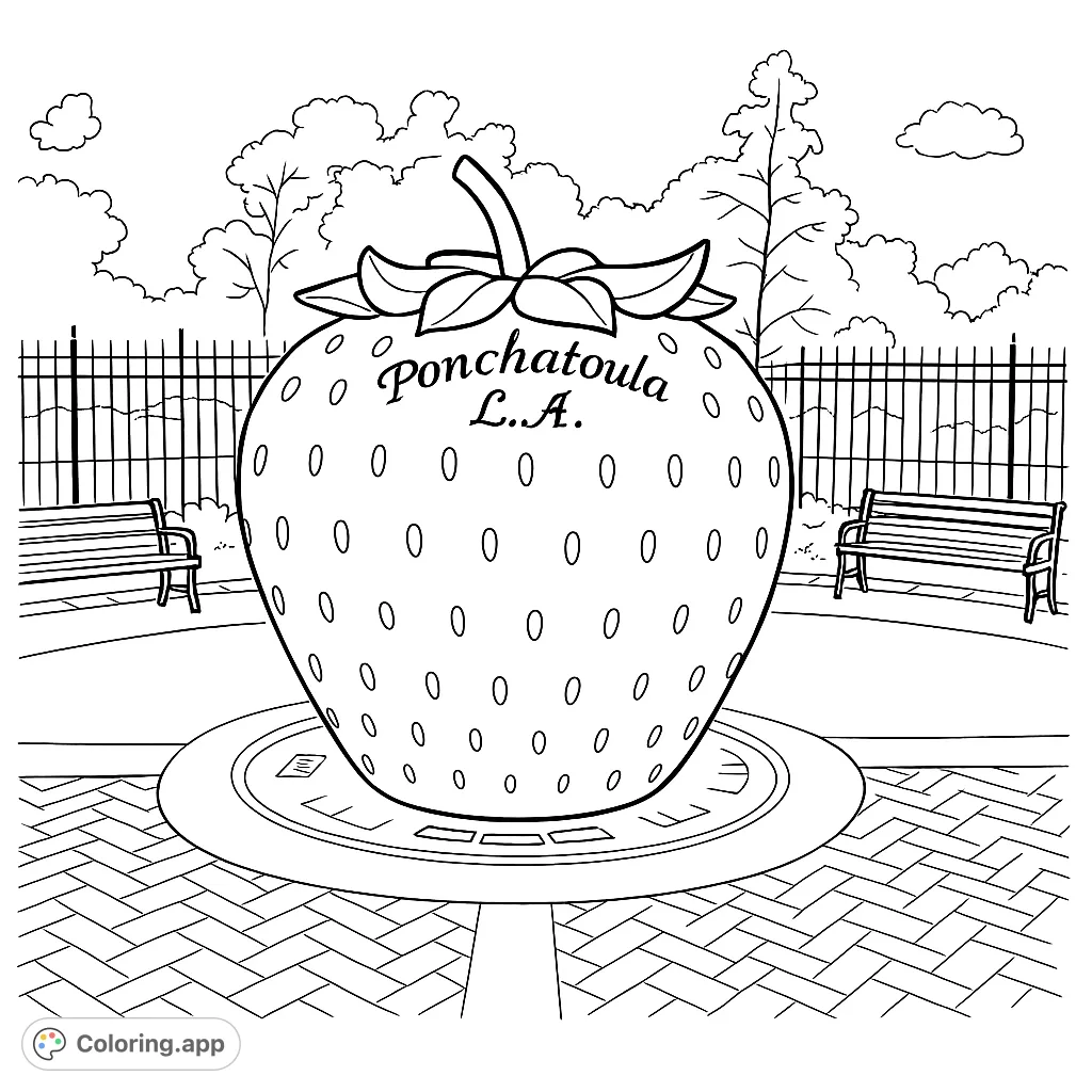 Color a colossal strawberry sculpture, detailed with seeds and leaves, set in a charming park with benches, trees, and a cloudy sky.