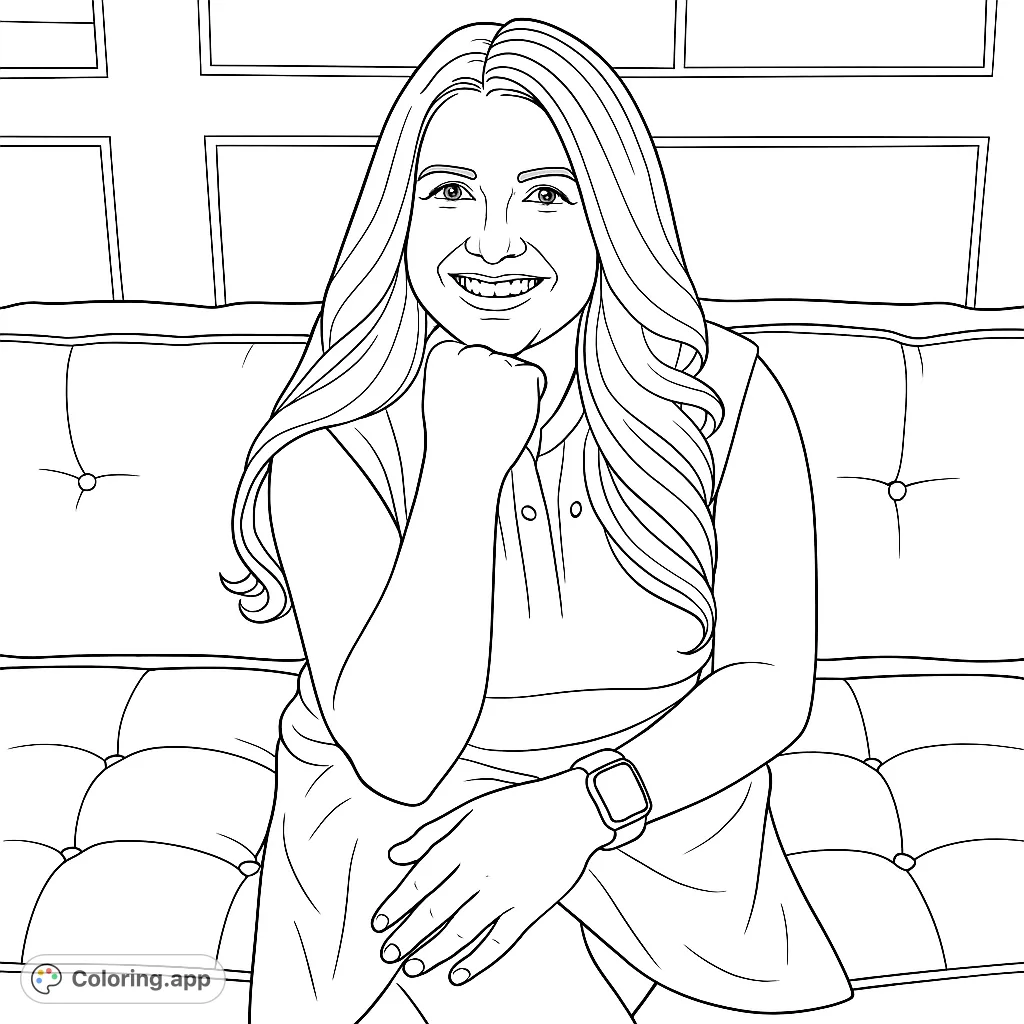 A charming portrait of a smiling woman seated on a tufted couch, perfect for a relaxing coloring session. Features intricate details and a serene expression.