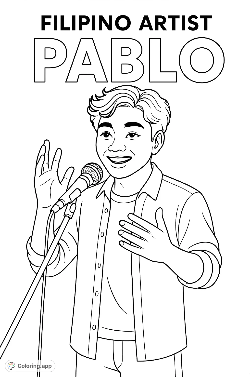 Capture the vibrant energy of Filipino artist Pablo in this engaging coloring page. Perfect for fans to personalize his dynamic stage presence.