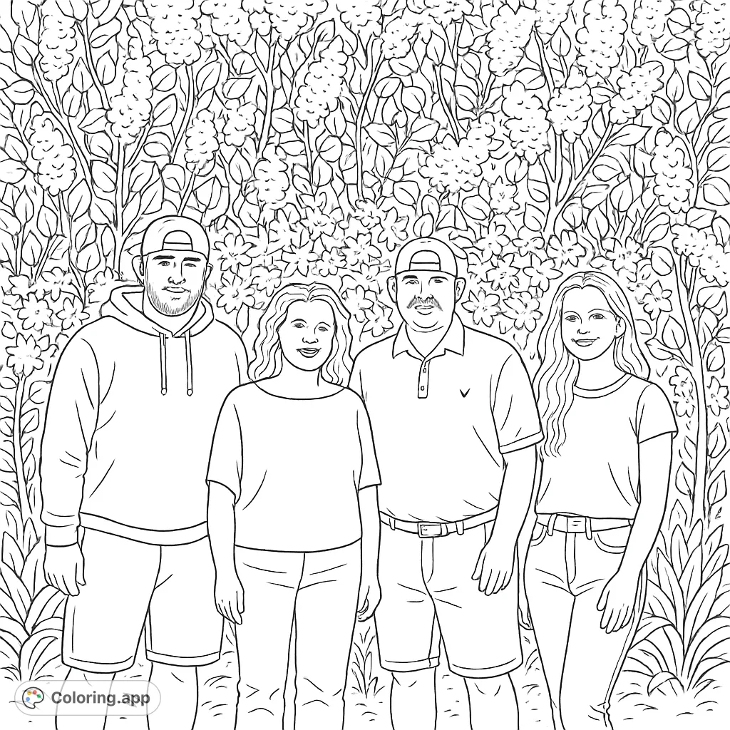 A heartwarming family portrait featuring four individuals standing before a beautiful flowering bush and lush garden, ready for your creative touch.