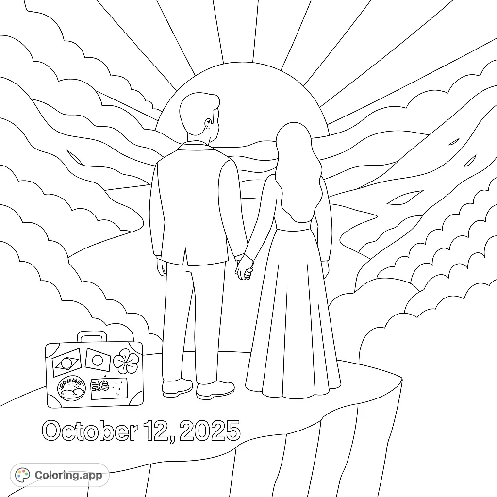 Embark on a romantic journey with this couple overlooking a majestic mountain landscape. Features a suitcase with travel stickers and a radiant sun. Perfect for dreamers!