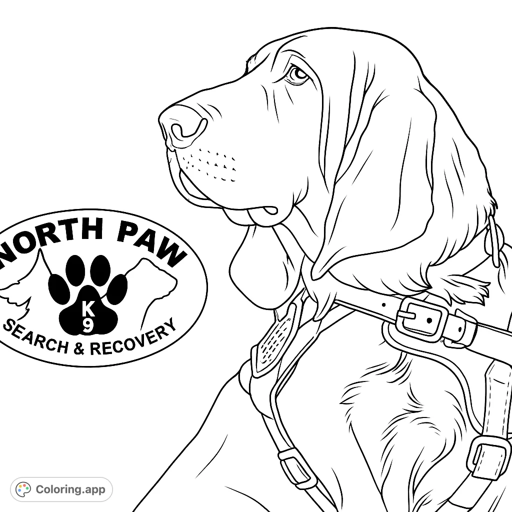 A detailed coloring page featuring a noble hound dog wearing a working harness, with a search and recovery organization logo. Perfect for dog lovers.