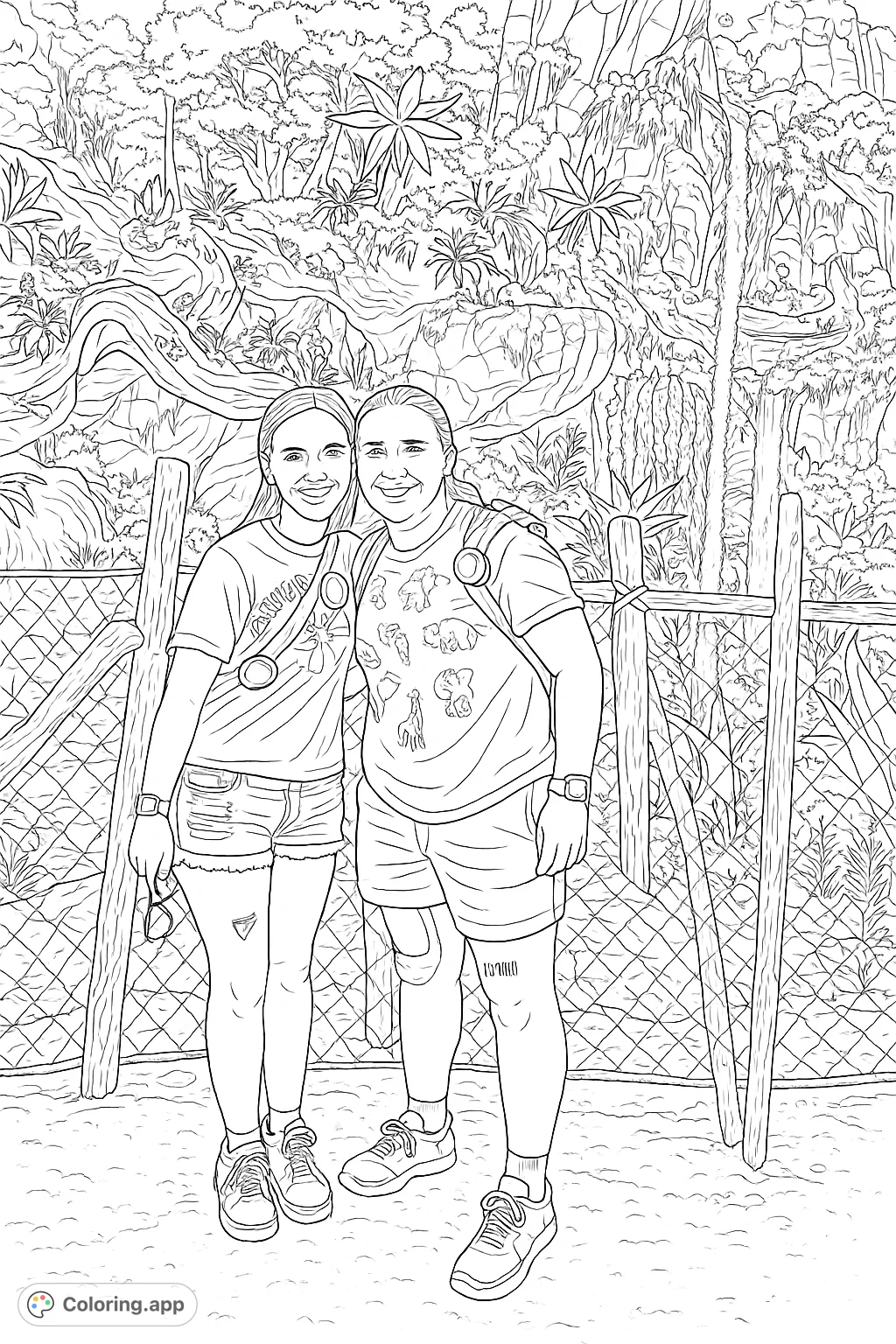 Two friends smile in a vibrant, exotic landscape with unique plants and a waterfall. A detailed scene perfect for a fun coloring adventure.