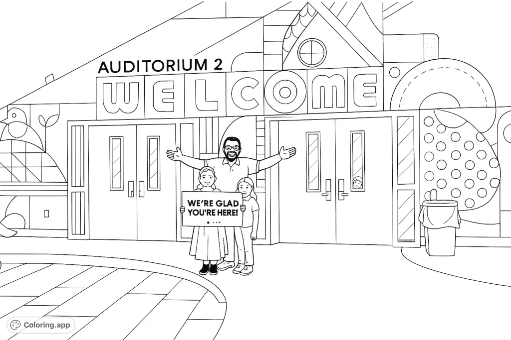 A cheerful welcome scene featuring a man and two girls holding a sign, set against a vibrant, geometrically patterned wall. Perfect for all ages!