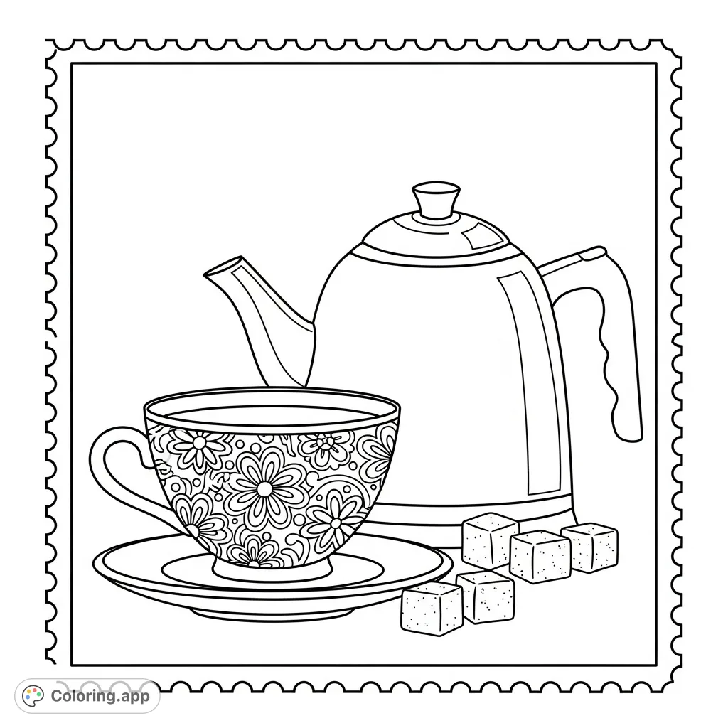 A delightful, easy tea time coloring page featuring a floral teacup, classic tea kettle, and sugar cubes, framed by a unique postal stamp border.