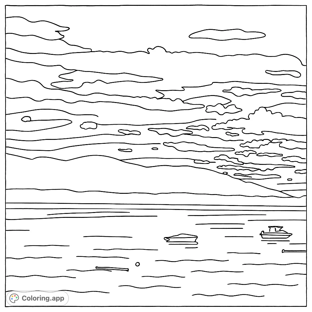 Capture the tranquil beauty of a mountain lake at dusk. This scenic coloring page features rolling peaks, a vast sky with clouds, and peaceful waters with boats.