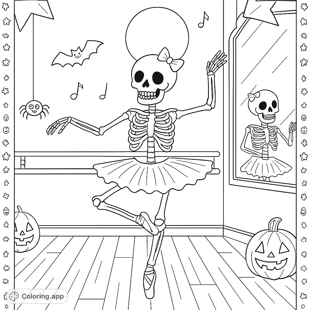 A charming skeleton ballerina practices ballet in a spooky studio, surrounded by pumpkins, bats, and a friendly spider. Perfect for Halloween fun!