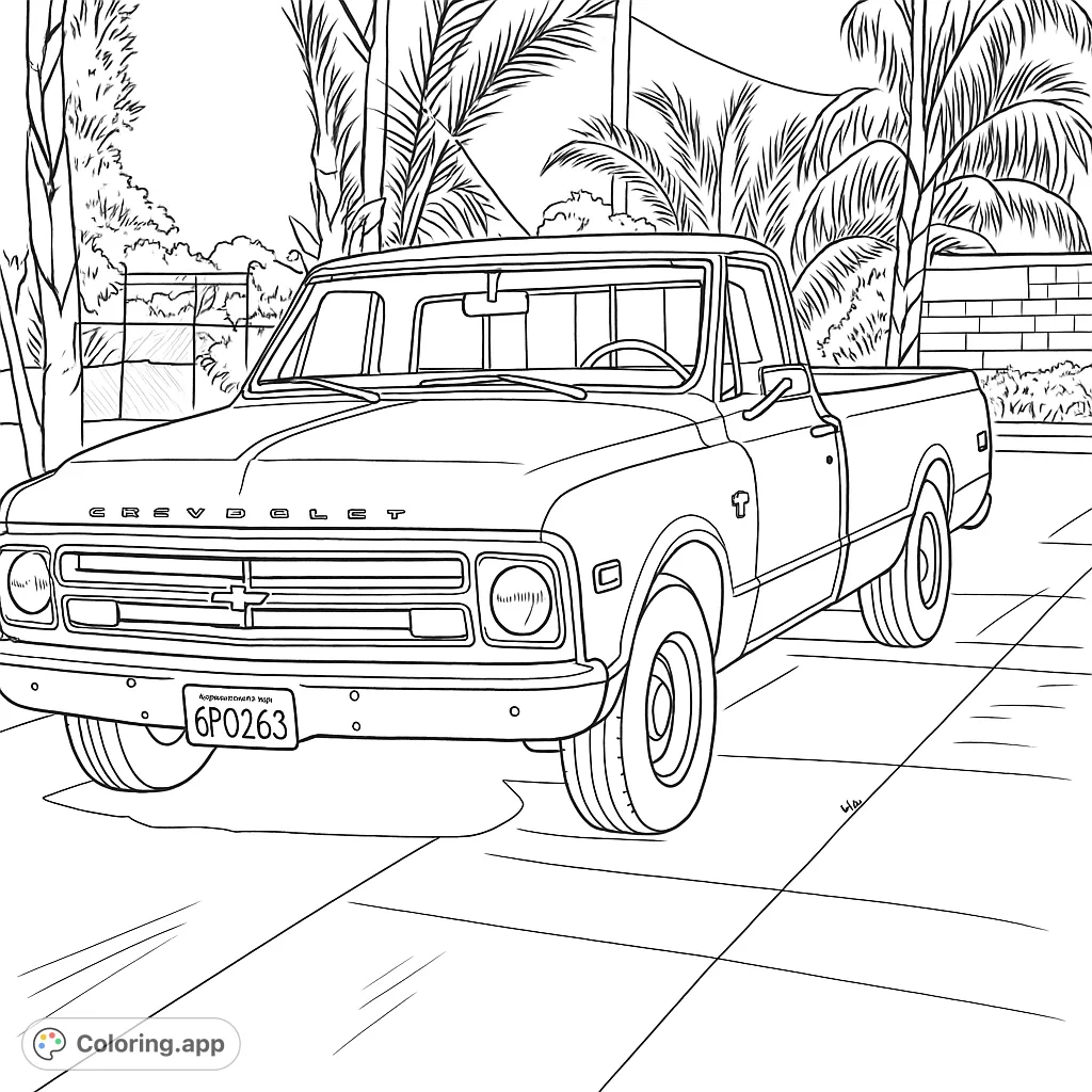 A detailed classic pickup truck coloring page, featuring a prominent grille, headlights, and a spacious truck bed, set against a sunny outdoor scene with palm trees.