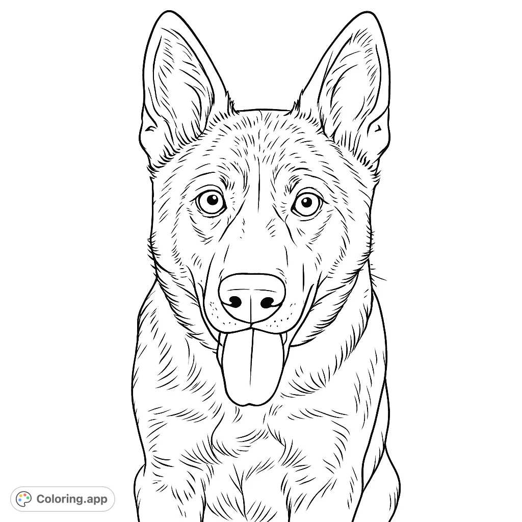 A detailed German Shepherd portrait, perfect for dog lovers to color and bring to life with unique patterns and textures. A free printable coloring page.