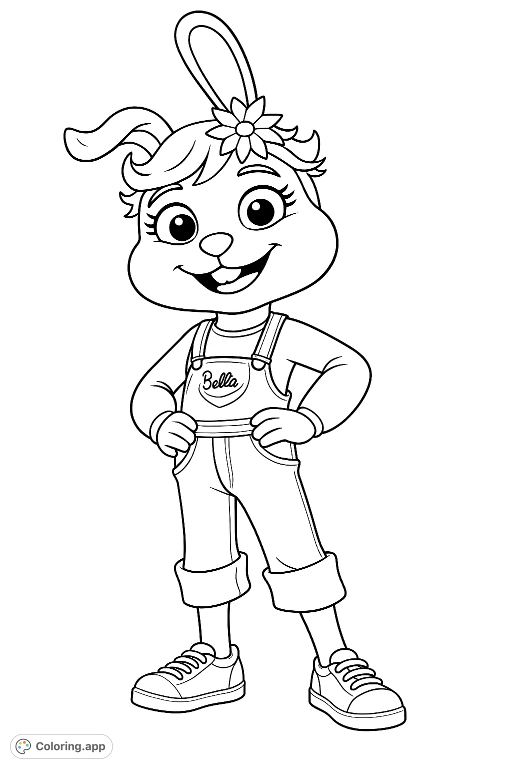 A delightful rabbit character in overalls, ready for adventure! This charming coloring page features a friendly bunny with a flower, perfect for creative fun.