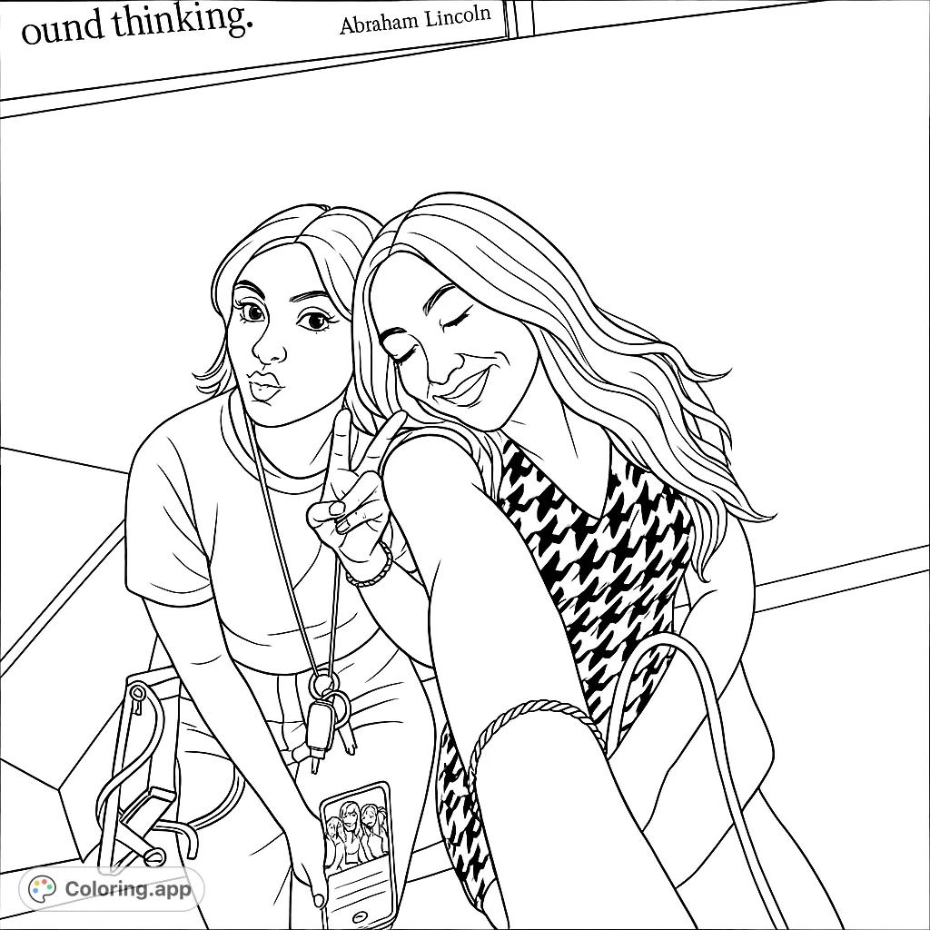 Capture a heartwarming moment of two friends taking a selfie. One poses playfully, the other smiles serenely, perfect for personalizing with your favorite hues.