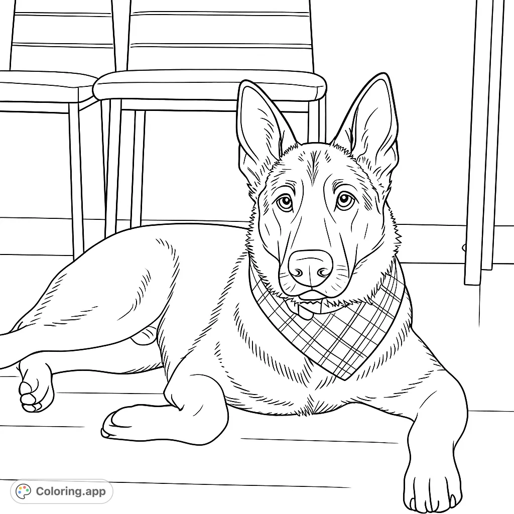 A noble German Shepherd dog rests calmly, wearing a stylish bandana. This detailed coloring page captures its attentive expression and strong features, perfect for dog lovers.
