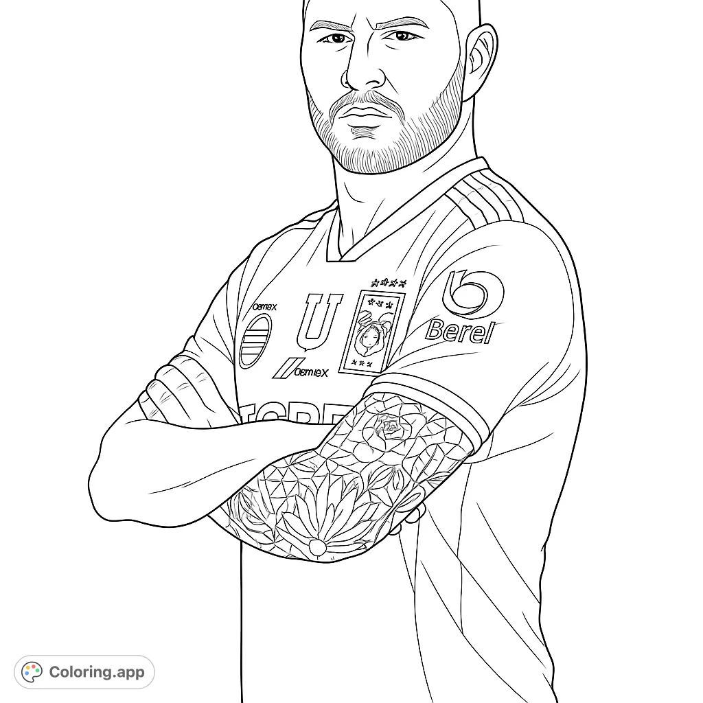 Color an athlete in a detailed sports jersey with crossed arms and intricate tattoos. A dynamic and engaging sports coloring page for fans.