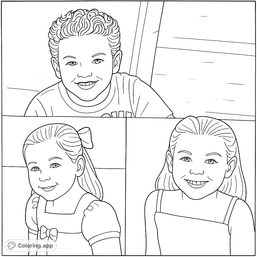 Capture the joy of childhood with this charming coloring page featuring three delightful children's portraits, perfect for family fun and creative expression.