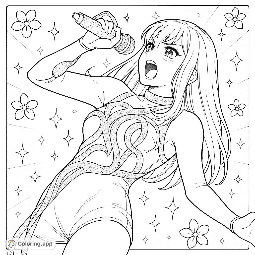 Capture the energy of a pop star in an anime-inspired style! This dynamic coloring page features a singer on stage, perfect for music fans and creative expression.