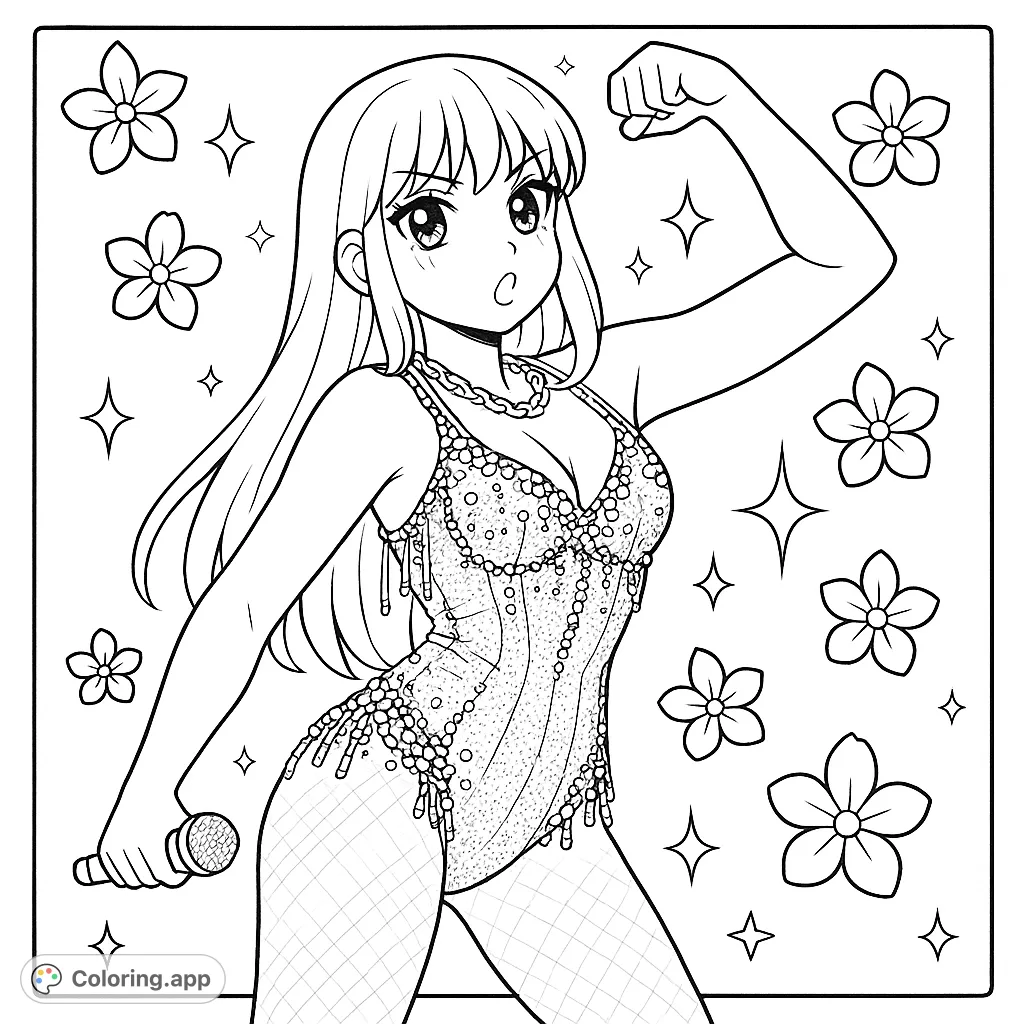 An anime-inspired pop star coloring page, featuring a powerful performer in a dazzling, detailed bodysuit. Perfect for fans of music and fashion.