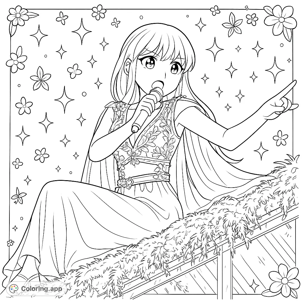 A captivating performer in a flowing, nature-inspired outfit, seated on a mossy stage, singing with expressive gestures. Perfect for fans of music and fantasy.