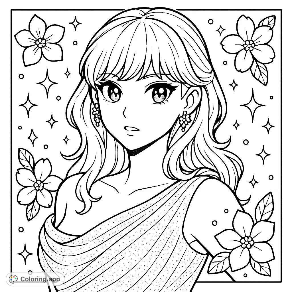 Capture the essence of a glamorous pop star with this anime-inspired portrait. Features intricate details, decorative flowers, and a sparkly background for a dazzling coloring experience.
