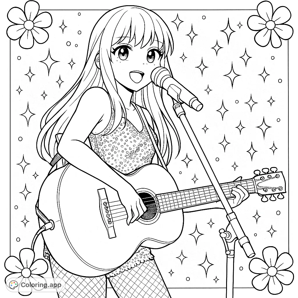 Capture the energy of a pop star performing with her guitar and microphone. An anime-inspired design with decorative flowers and sparkles.
