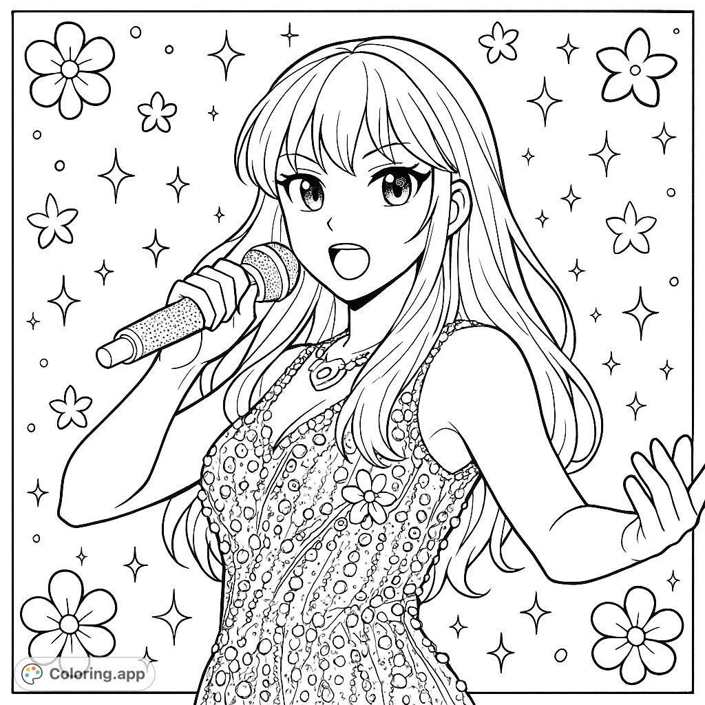 Capture the energy of a pop star on stage! This anime-inspired coloring page features a dynamic singer with a sequined outfit and a patterned microphone.