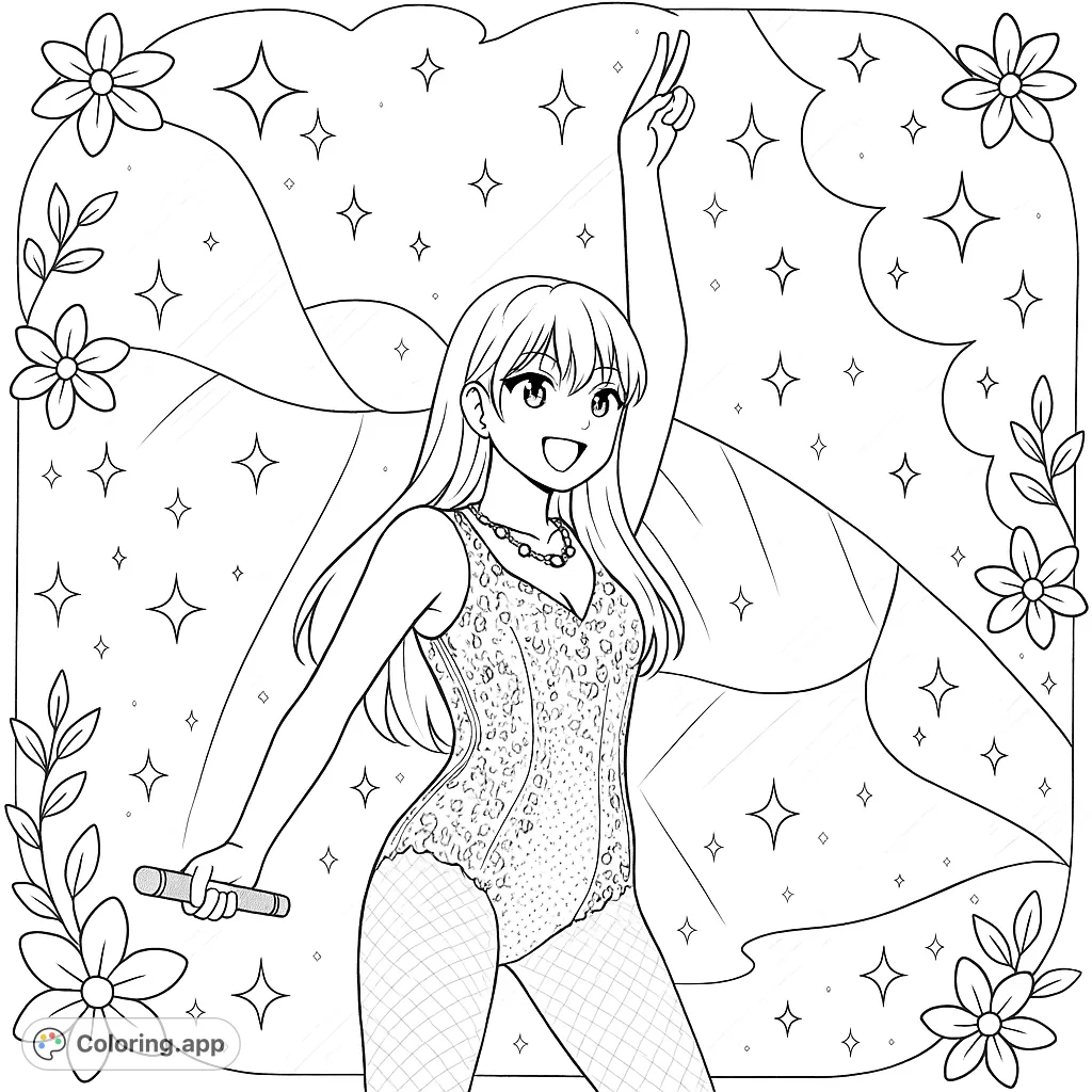 Capture the energy of a pop star on stage! This dynamic coloring page features a performer in a dazzling outfit, ready for your creative touch.
