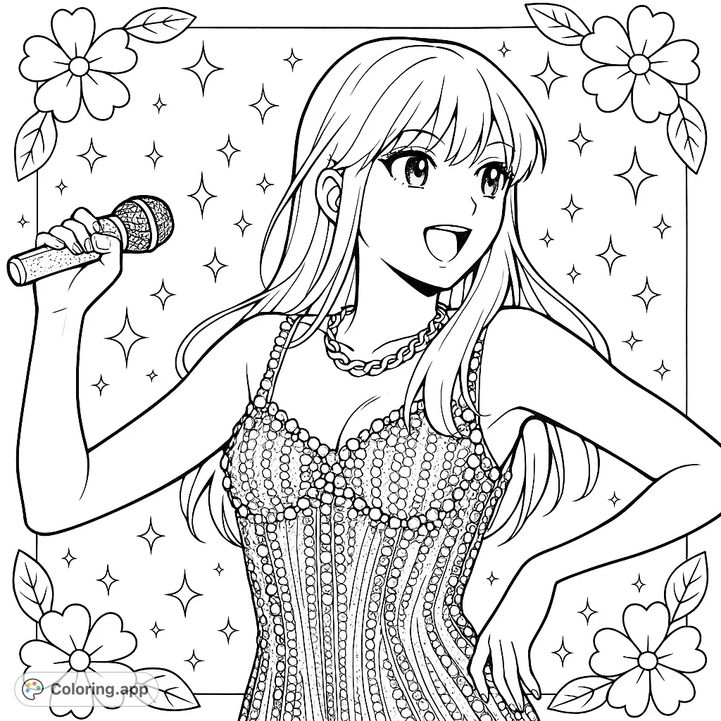 Capture the energy of a pop star on stage, microphone in hand, wearing a dazzling sequined outfit. A dynamic scene for creative expression.